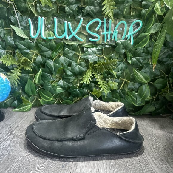 Olukai Moloa Black Leather Wool Lined Slippers Loafers Shoes Men’s Size 11 main image 6